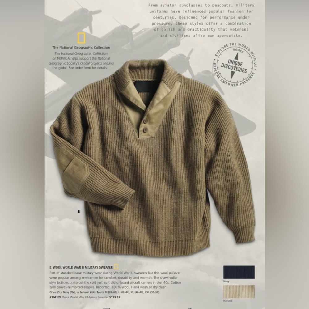 National Geographic Wool sweater Elbow Patches World War II Military Pullover XL